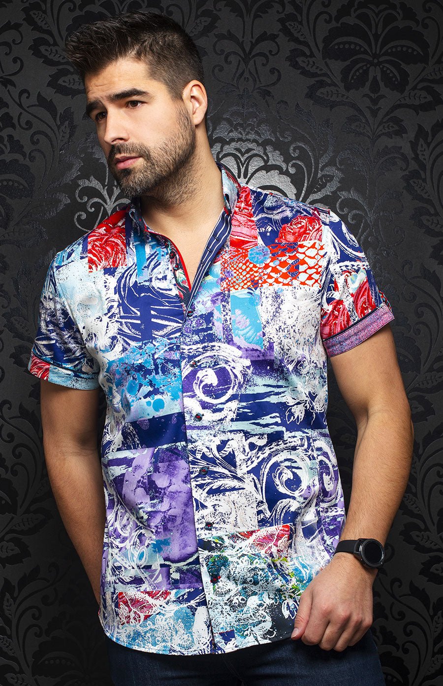 Chemise manches courtes | GABIN, Turquoise / Navy - AU NOIR