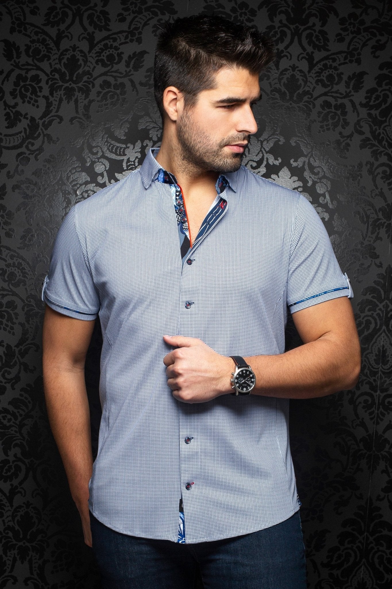 Stretch Short Sleeve Shirt | Valdes White Blue - AUNOIR